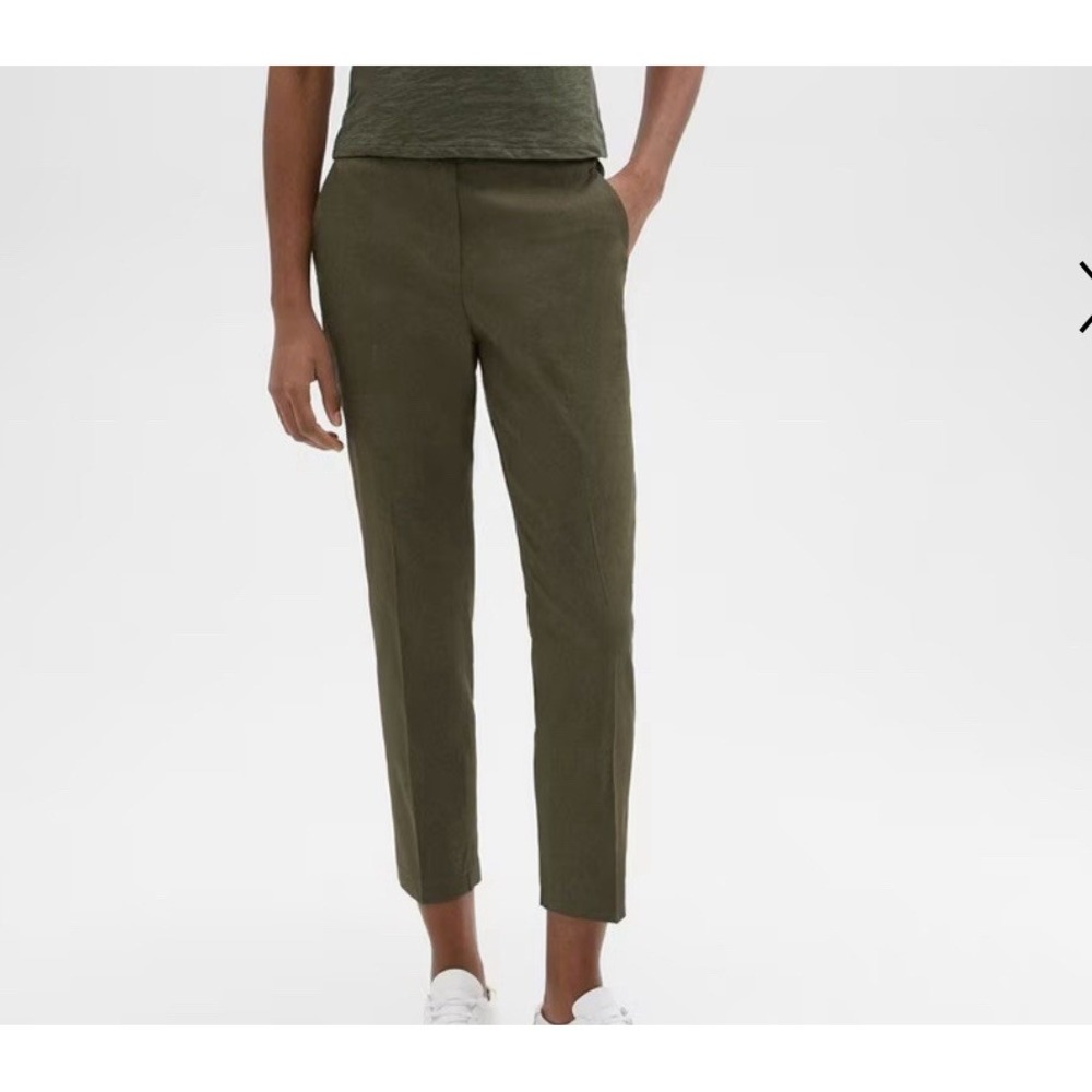 Theory Pants Womens 2 Linen Treeca Pull On Olive Green Stretch Straight Leg